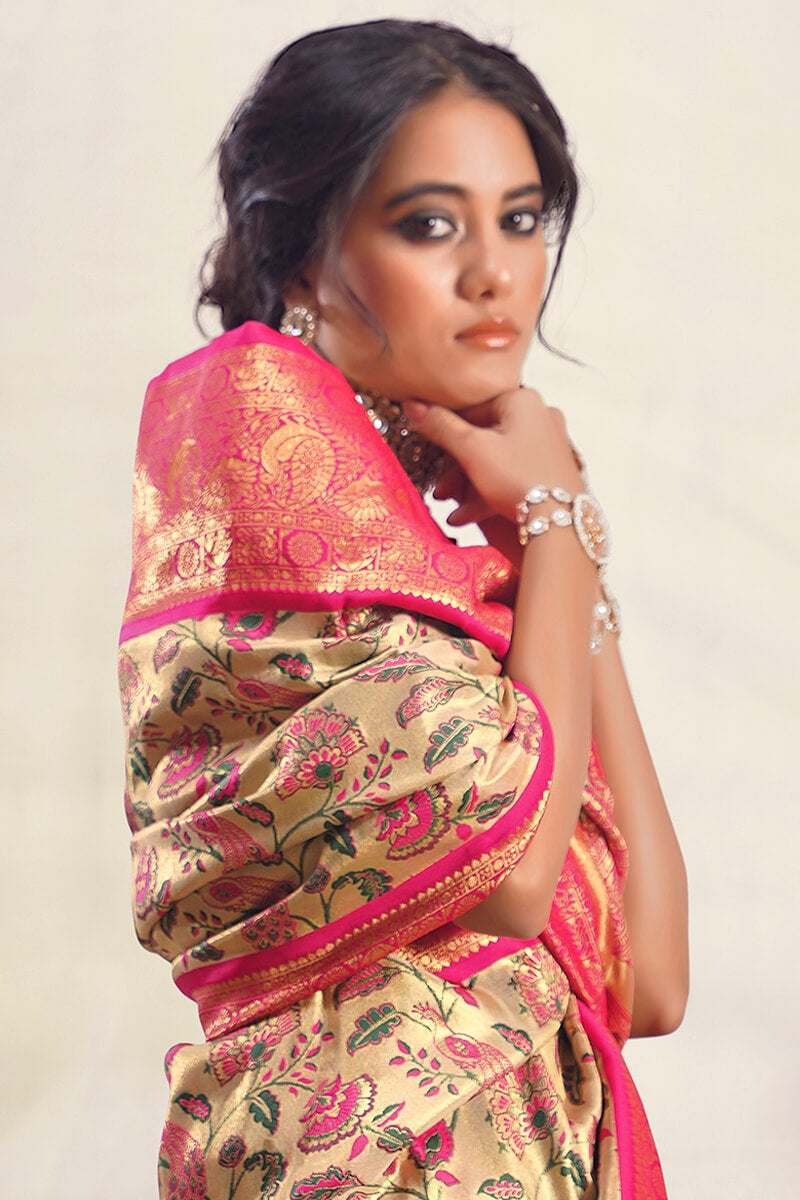 Beautiful Beige Kalamkari Printed Saree With Exquisite Blouse Piece - Surats Fabric