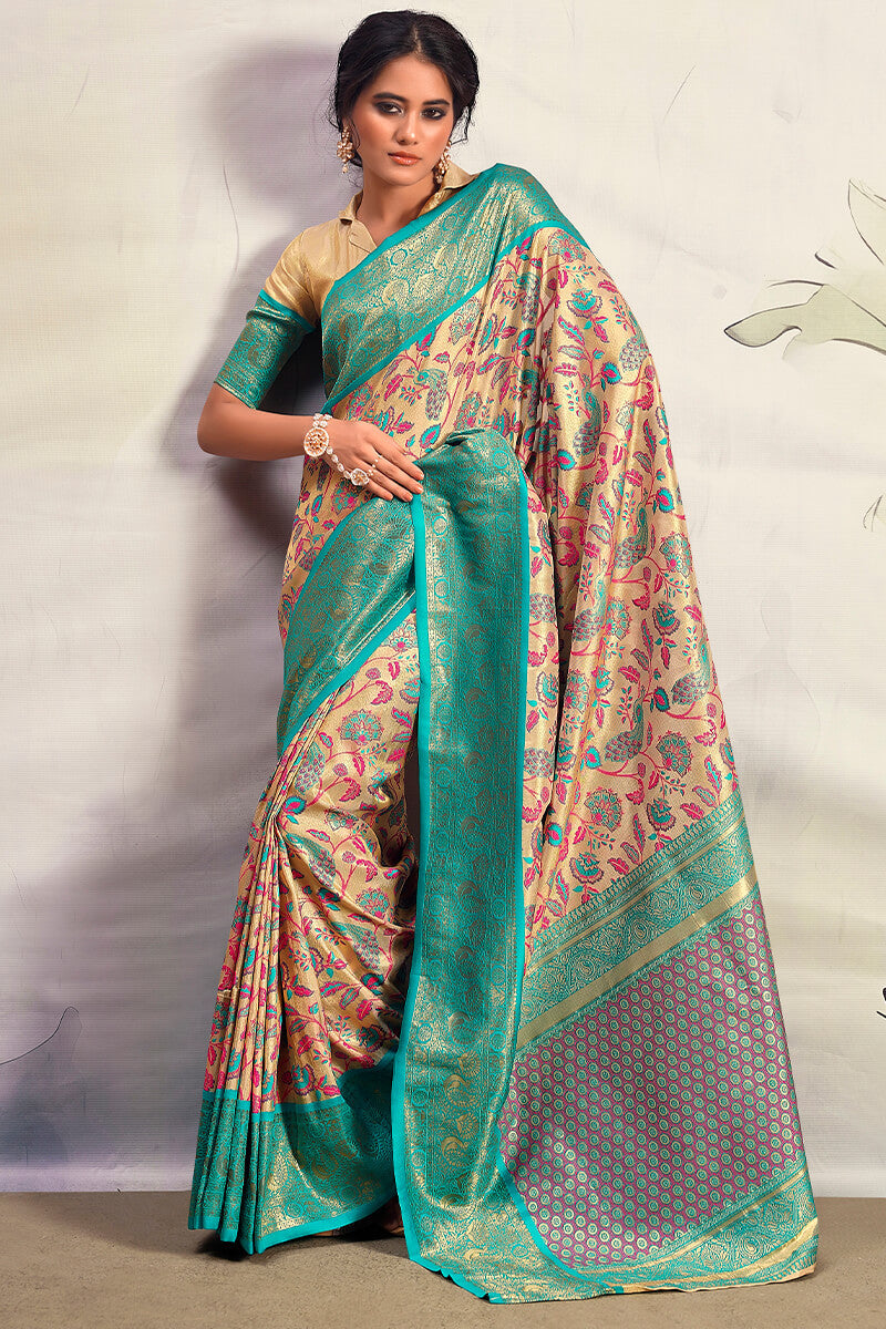 Breathtaking Beige Kalamkari Printed Saree With Quixotic Blouse Piece - Surats Fabric