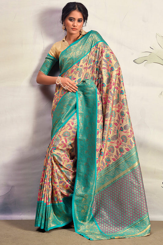 Breathtaking Beige Kalamkari Printed Saree With Quixotic Blouse Piece - Surats Fabric