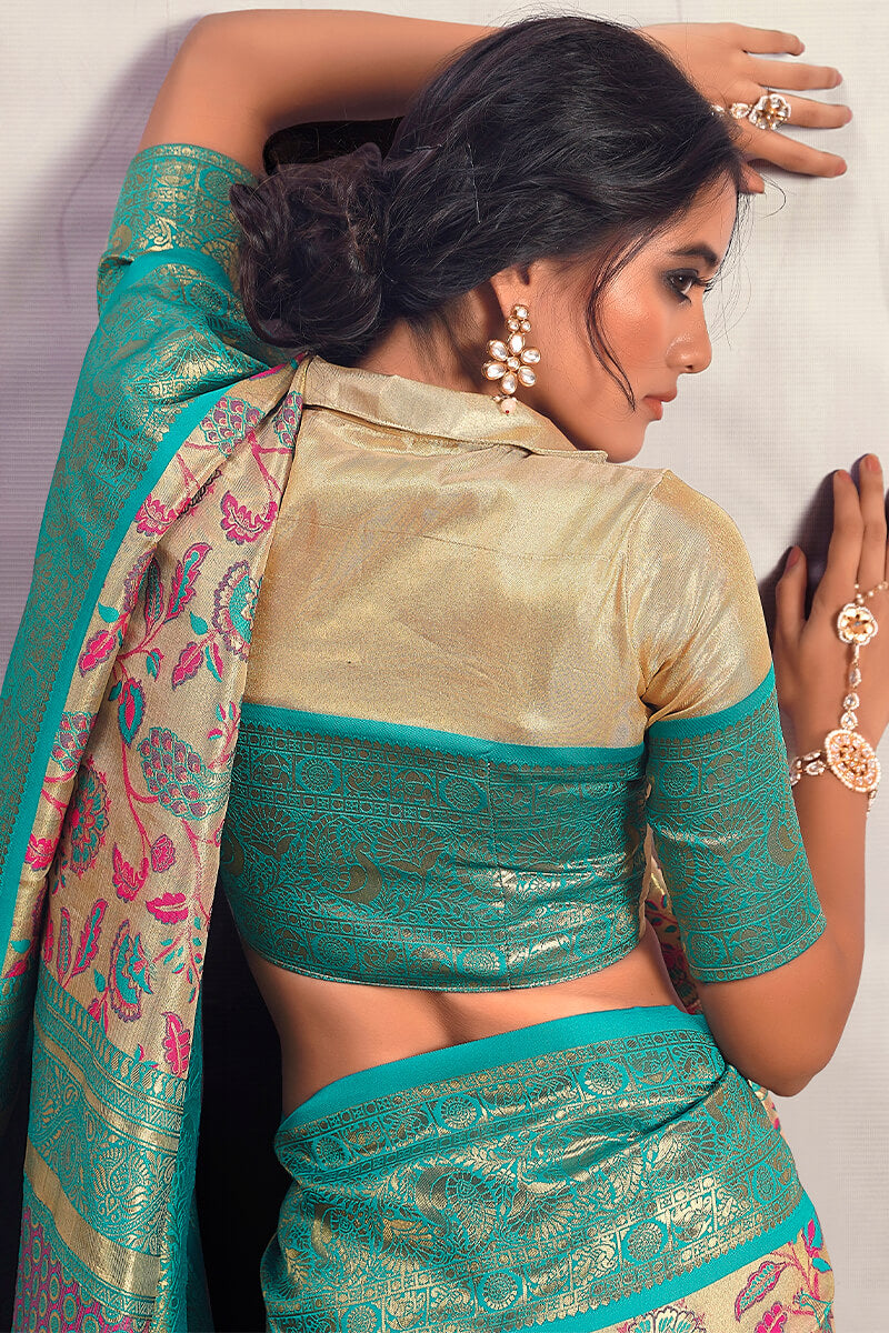 Breathtaking Beige Kalamkari Printed Saree With Quixotic Blouse Piece - Surats Fabric