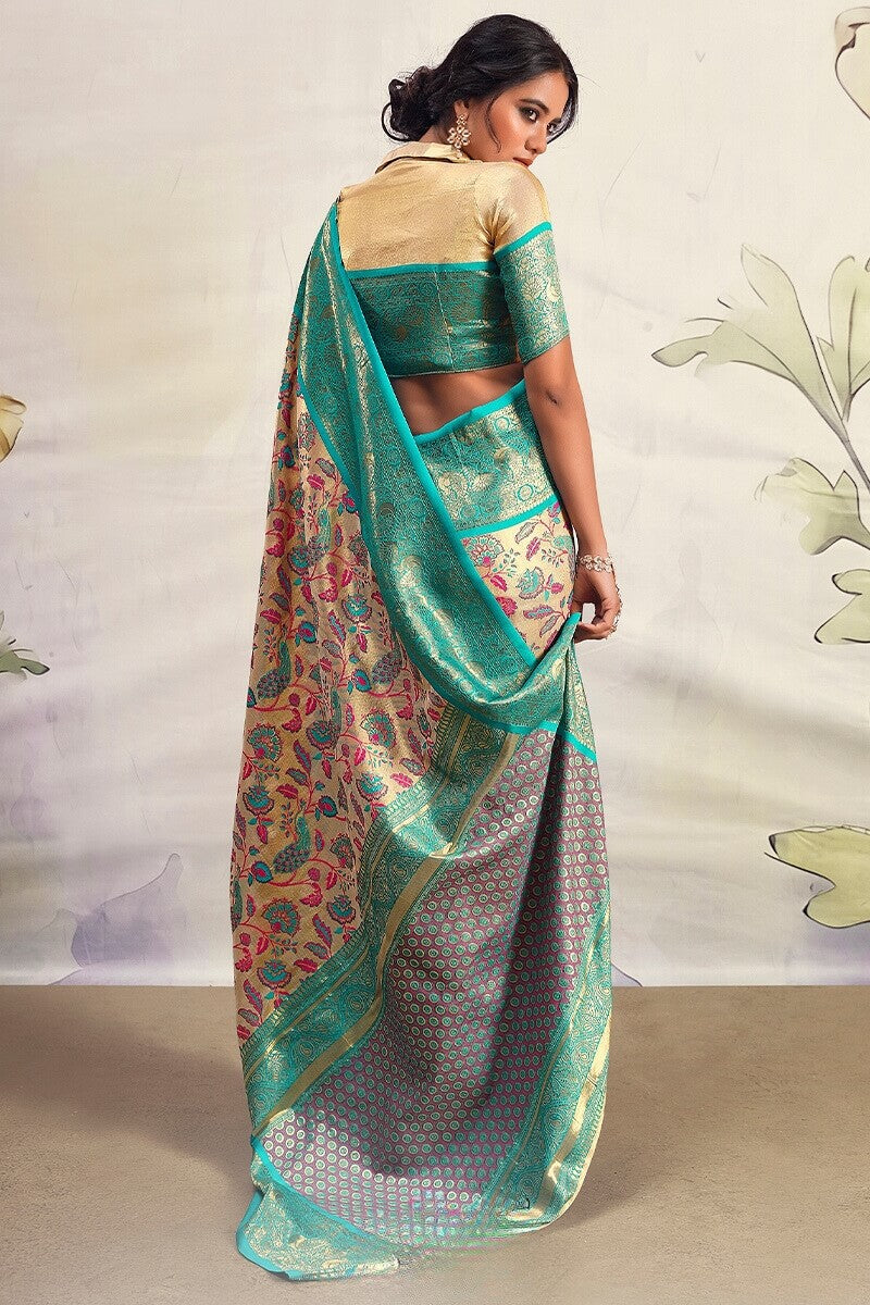 Breathtaking Beige Kalamkari Printed Saree With Quixotic Blouse Piece - Surats Fabric