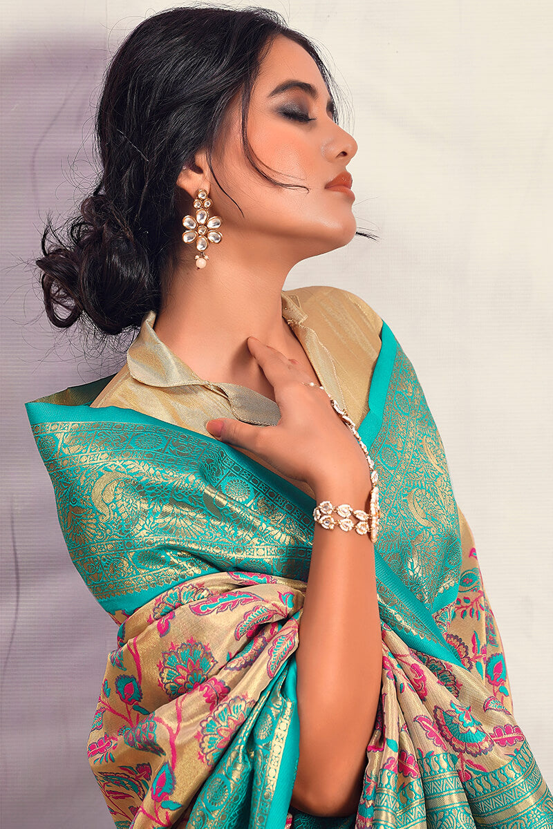 Breathtaking Beige Kalamkari Printed Saree With Quixotic Blouse Piece - Surats Fabric