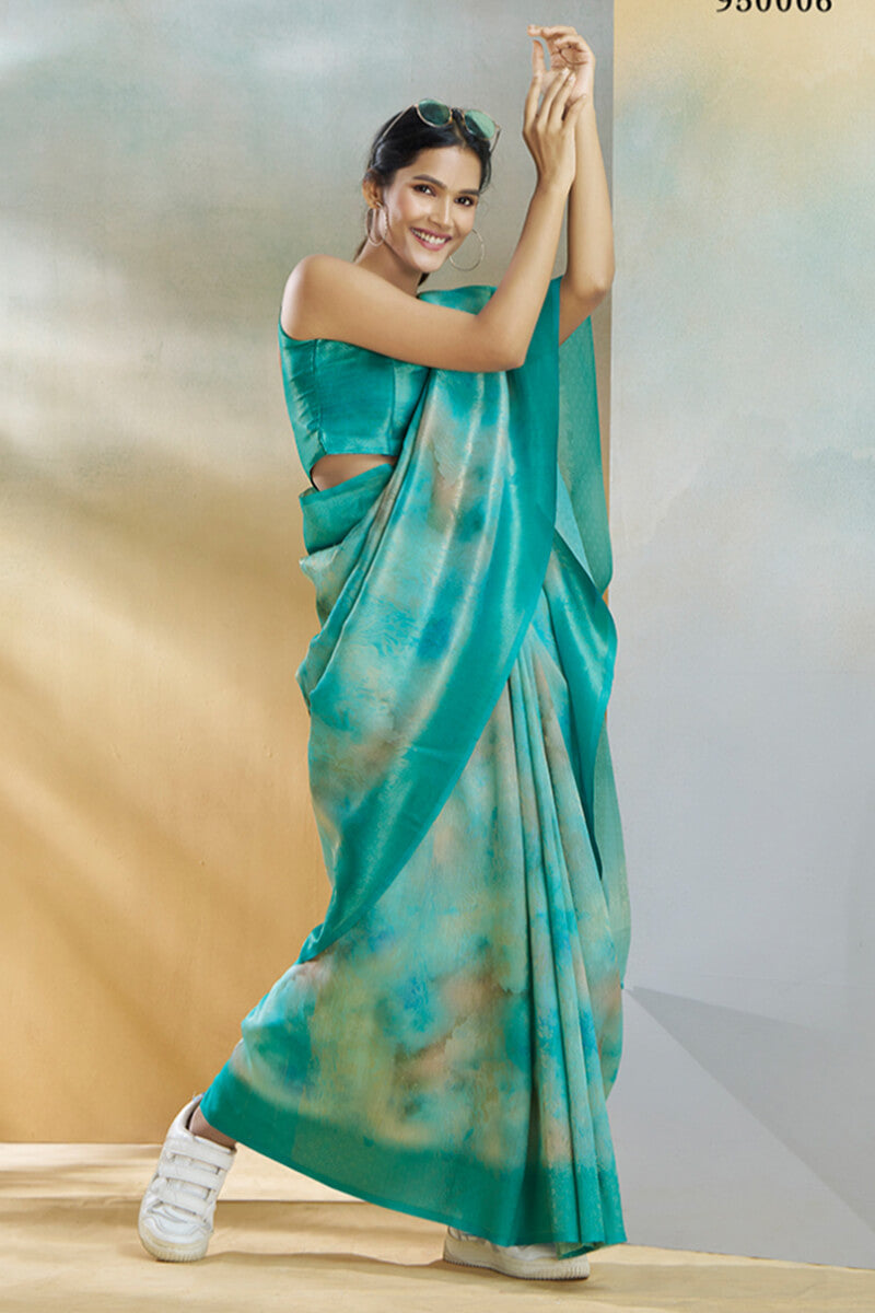 Beguiling Turquoise Digital Printed Soft Silk Saree With Alluring Blouse Piece - Surats Fabric