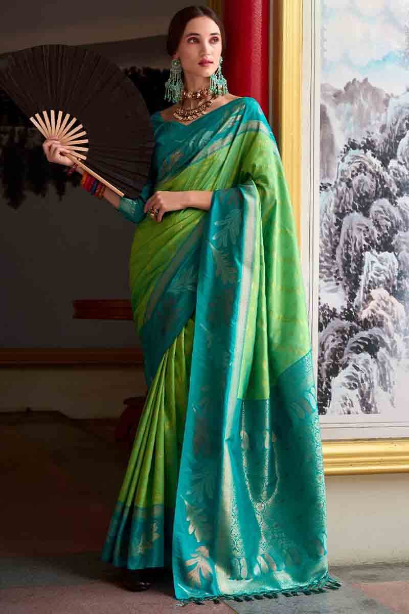 Allure Parrot Soft Banarasi Silk Saree With Glamorous Blouse Piece - Surats Fabric