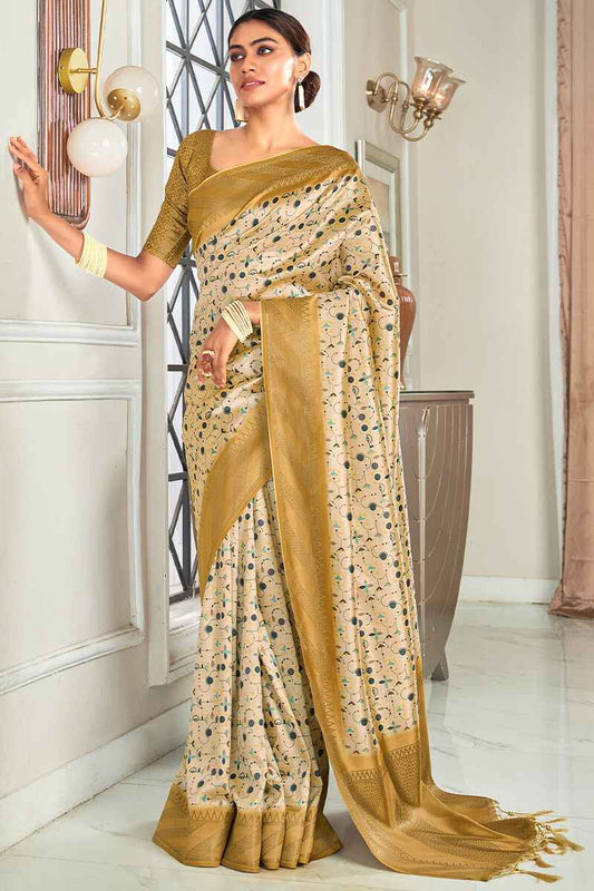Adorning Beige Digital Printed Soft Silk Saree With Adoring Blouse Piece