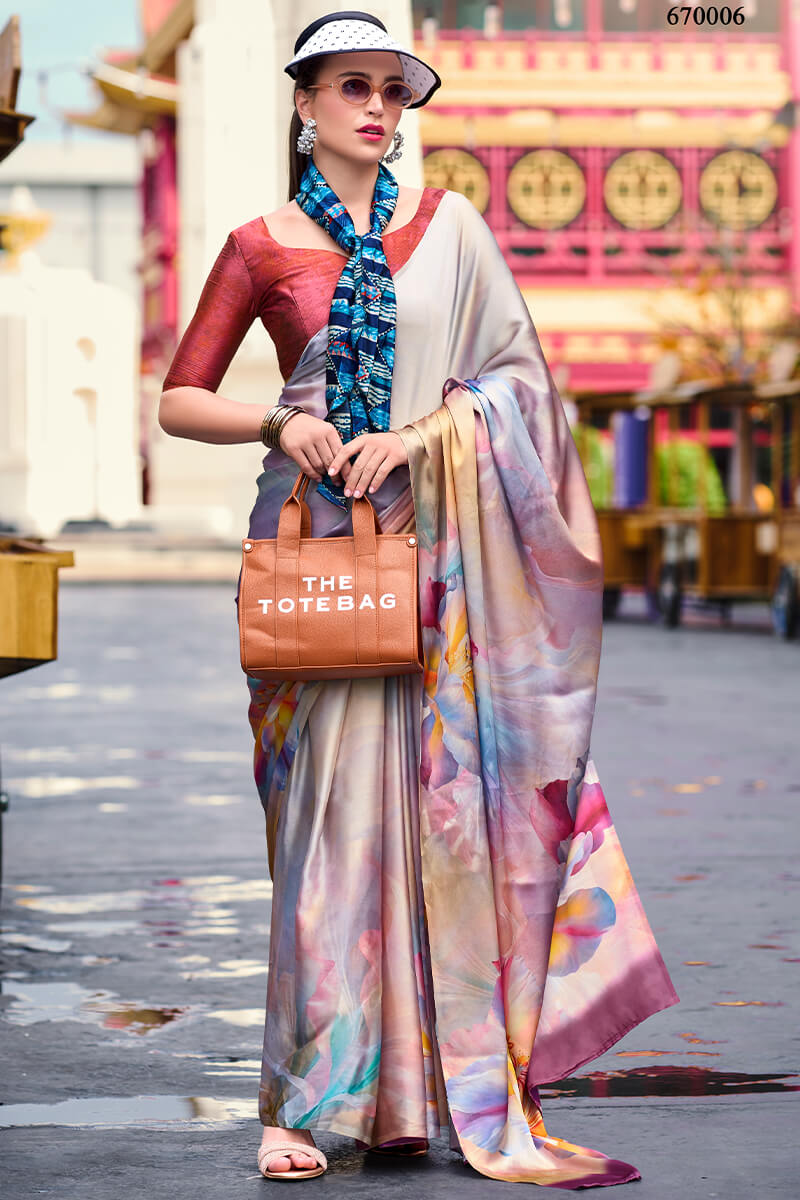 Beauteous Grey Digital Printed Satin Silk Saree With Demesne Blouse Piece - Surats Fabric
