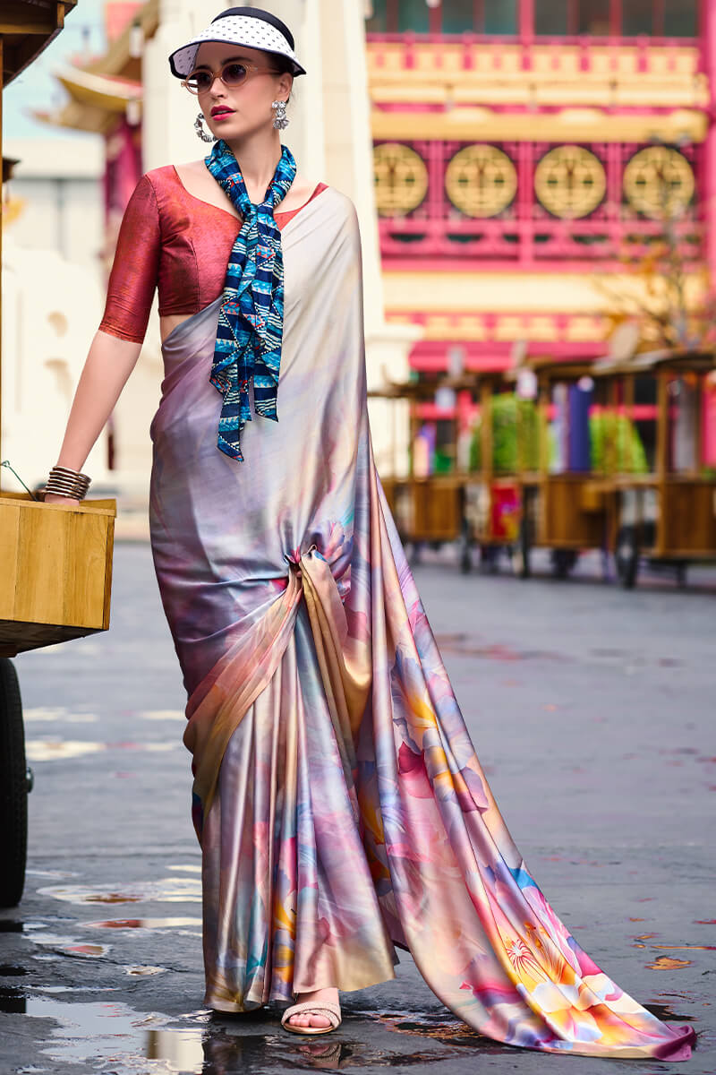 Beauteous Grey Digital Printed Satin Silk Saree With Demesne Blouse Piece - Surats Fabric