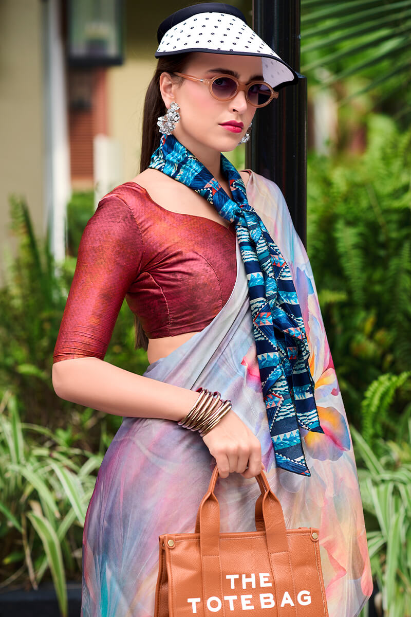 Beauteous Grey Digital Printed Satin Silk Saree With Demesne Blouse Piece - Surats Fabric