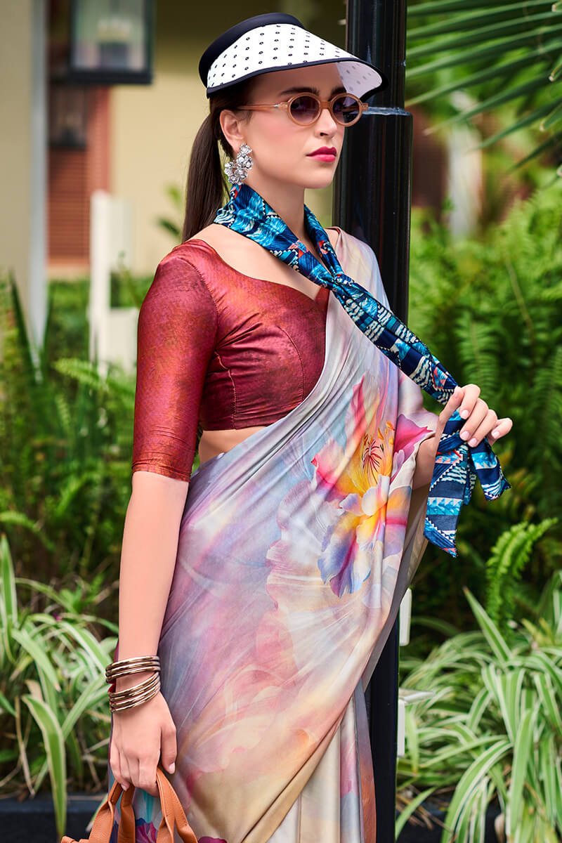 Beauteous Grey Digital Printed Satin Silk Saree With Demesne Blouse Piece - Surats Fabric