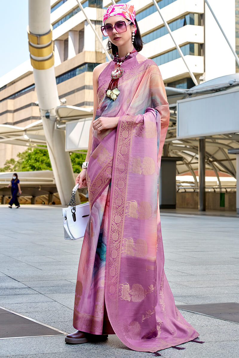 Beauteous Lavender Digital Printed Soft Silk Saree With Assemblage Blouse Piece - Surats Fabric
