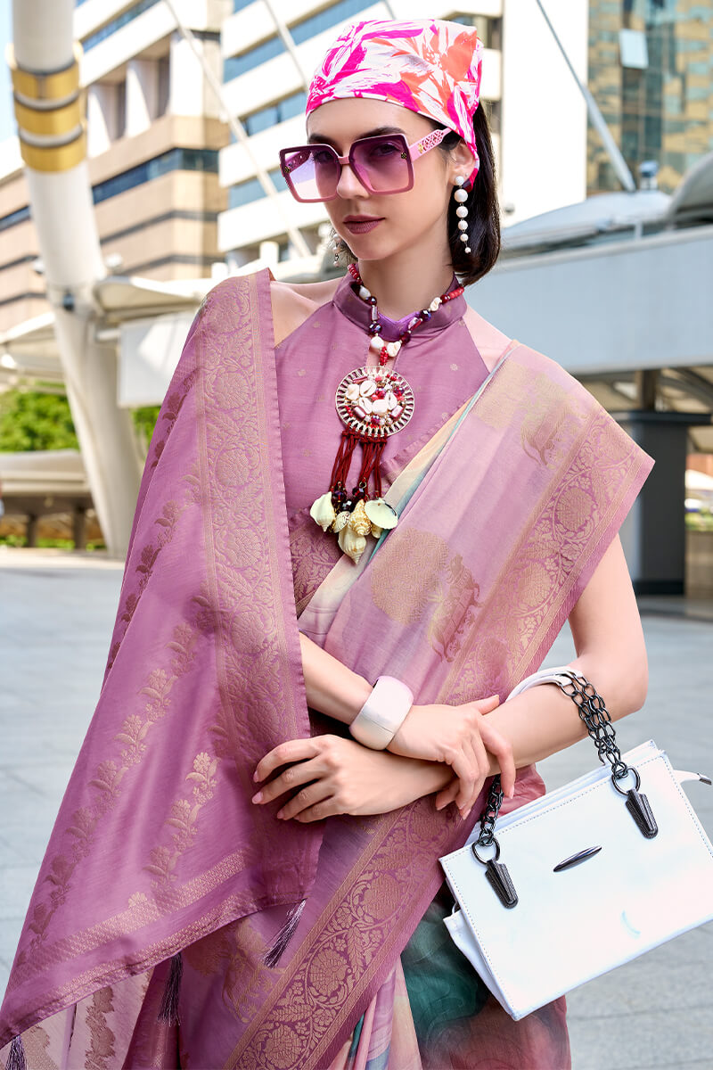 Beauteous Lavender Digital Printed Soft Silk Saree With Assemblage Blouse Piece - Surats Fabric