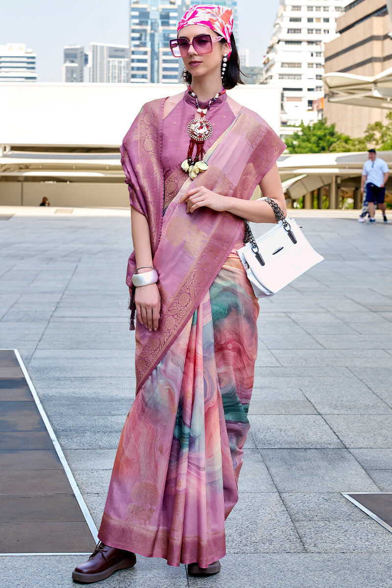 Beauteous Lavender Digital Printed Soft Silk Saree With Assemblage Blouse Piece - Surats Fabric