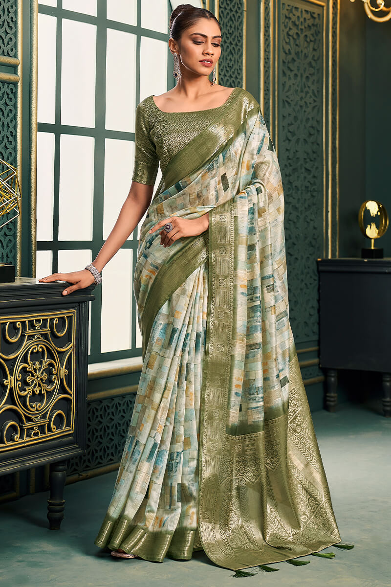 Beleaguer Mehndi Digital Printed Cotton Silk Saree With Ebullience Blouse Piece - Surats Fabric