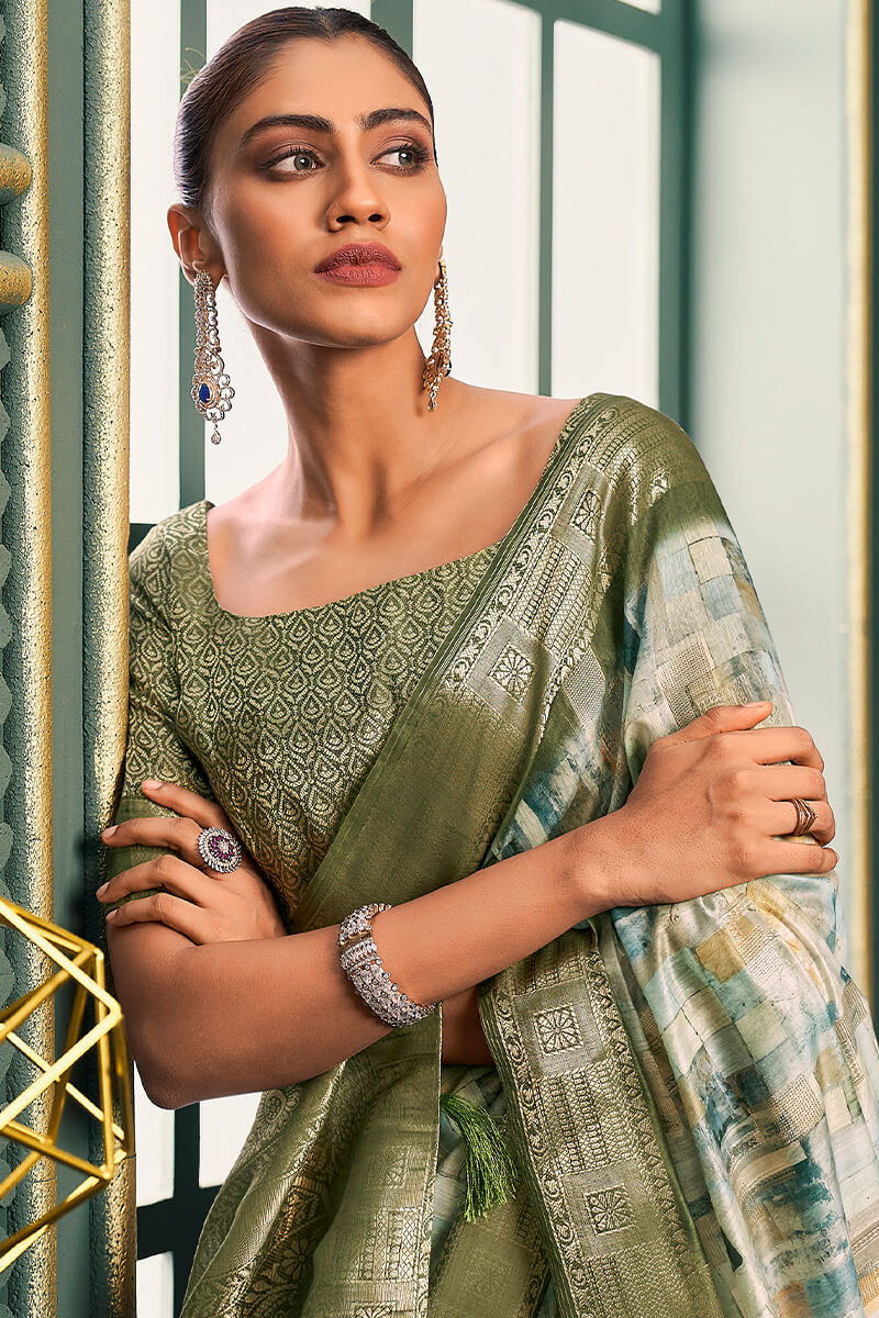 Beleaguer Mehndi Digital Printed Cotton Silk Saree With Ebullience Blouse Piece - Surats Fabric