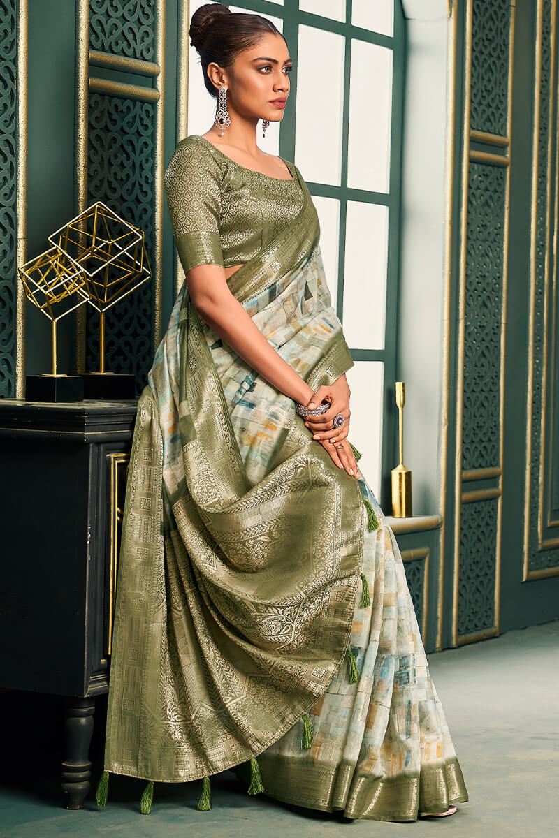 Beleaguer Mehndi Digital Printed Cotton Silk Saree With Ebullience Blouse Piece - Surats Fabric