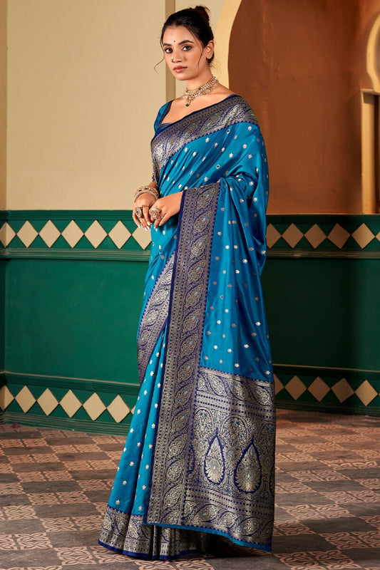 Brood Blue Soft Banarasi Silk Saree With Ebullience Blouse Piece - Surats Fabric