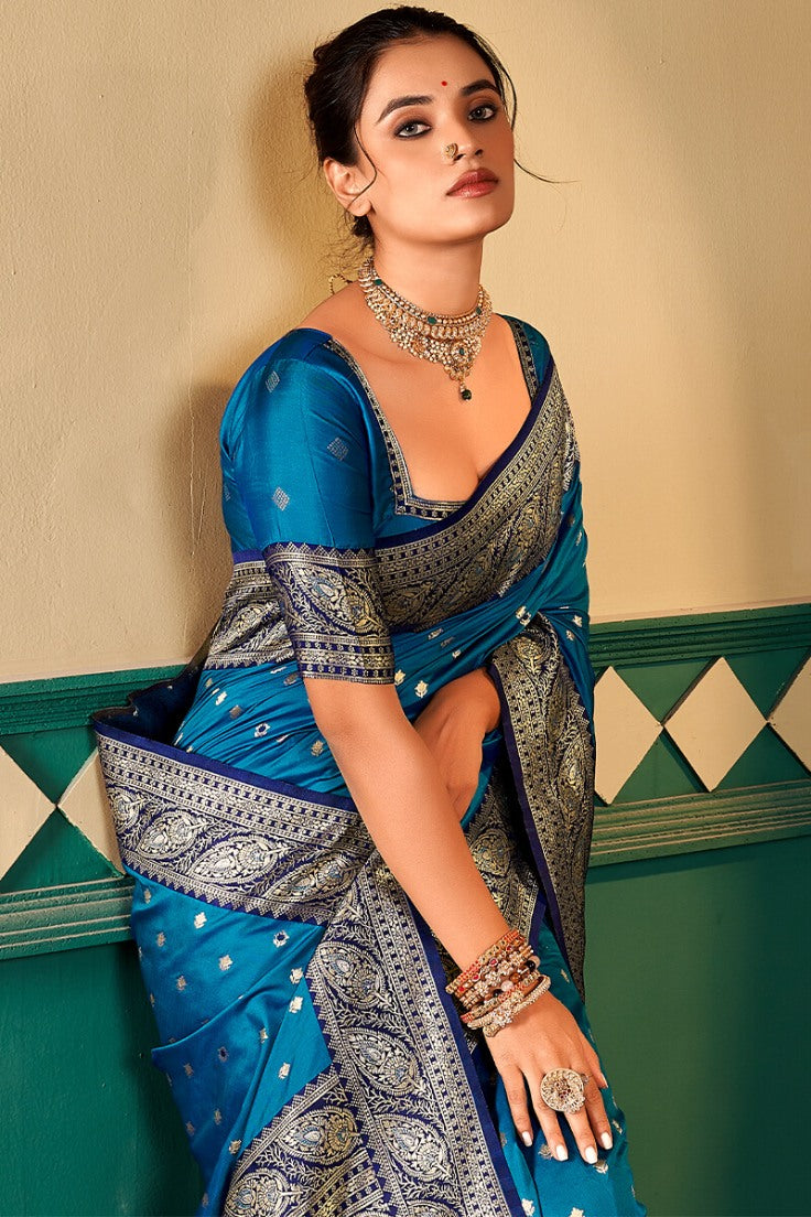 Brood Blue Soft Banarasi Silk Saree With Ebullience Blouse Piece - Surats Fabric