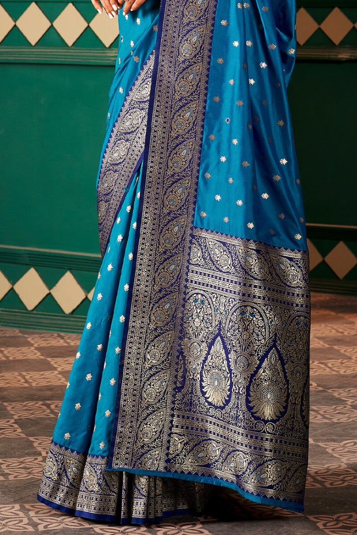 Brood Blue Soft Banarasi Silk Saree With Ebullience Blouse Piece - Surats Fabric