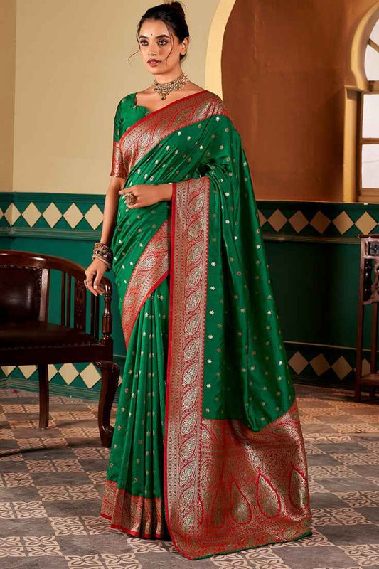 Alluring Dark Green Soft Banarasi Silk Saree With Zephyr Blouse Piece