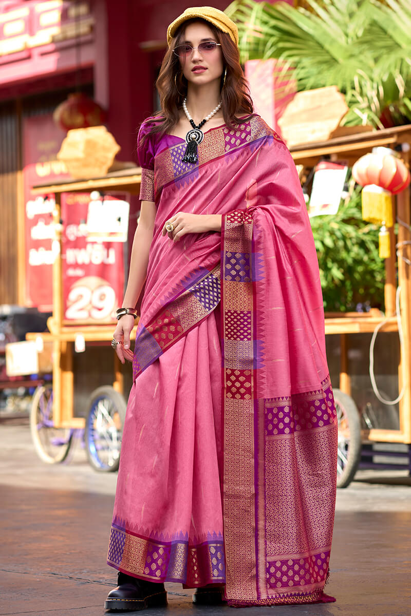 Blissful Pink Soft Banarasi Silk Saree With Dalliance Blouse Piece - Surats Fabric