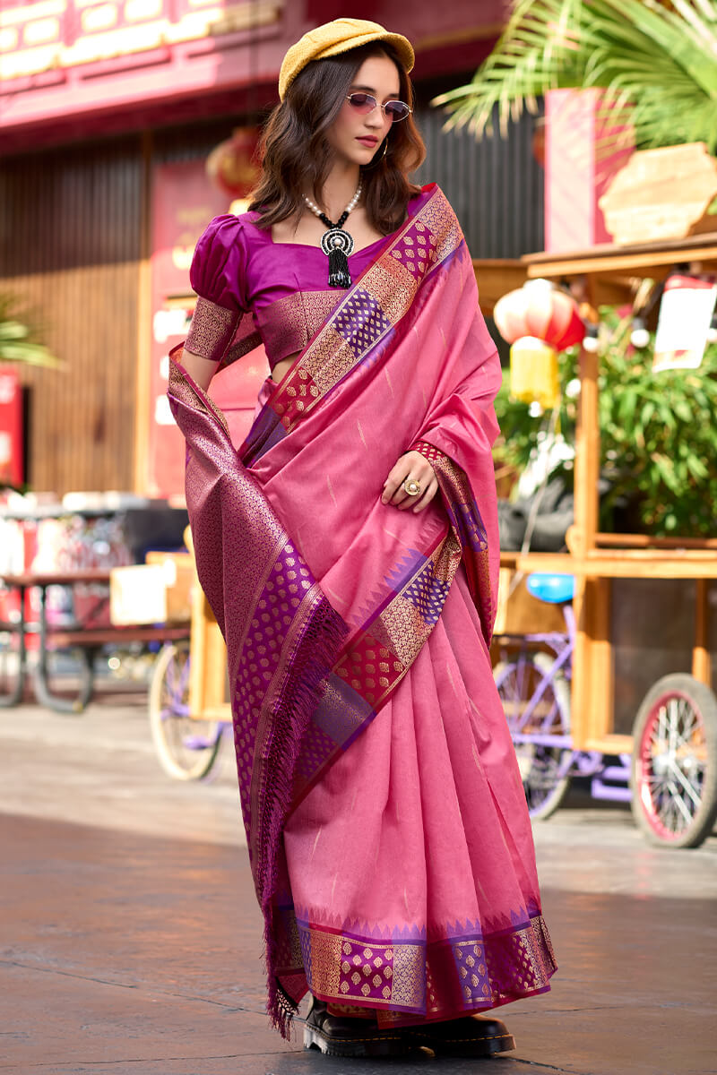 Blissful Pink Soft Banarasi Silk Saree With Dalliance Blouse Piece - Surats Fabric