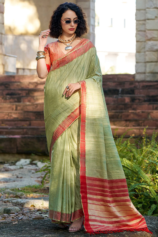 Arresting Pista Cotton Silk Saree With Prominent Blouse Piece - Surats Fabric