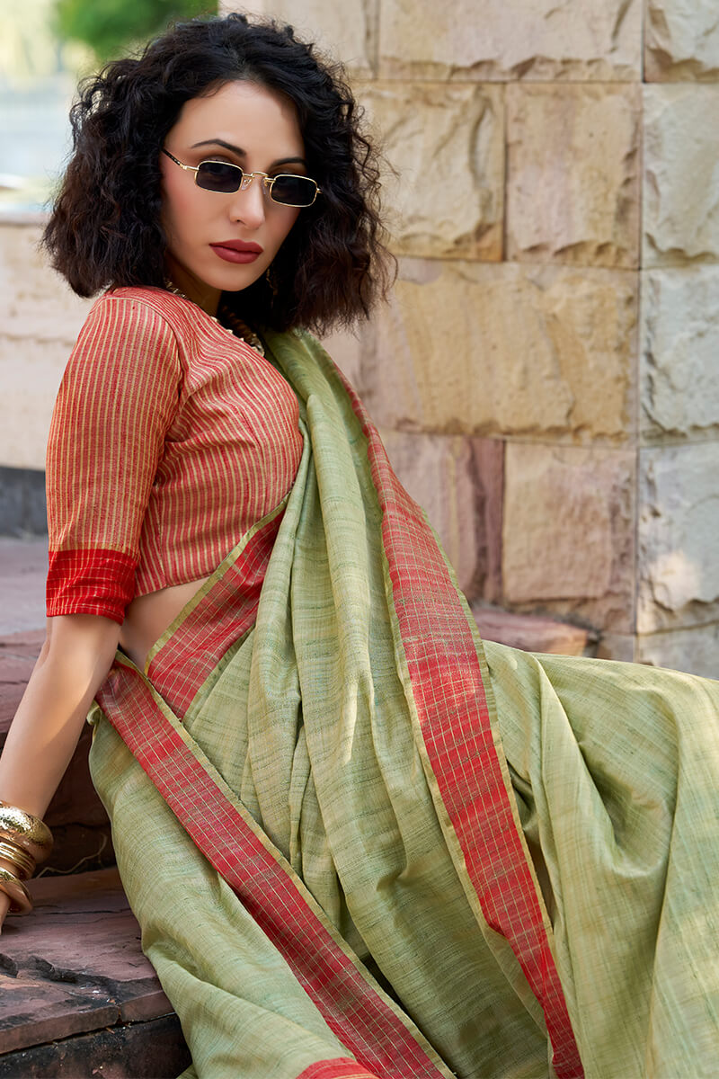 Arresting Pista Cotton Silk Saree With Prominent Blouse Piece - Surats Fabric