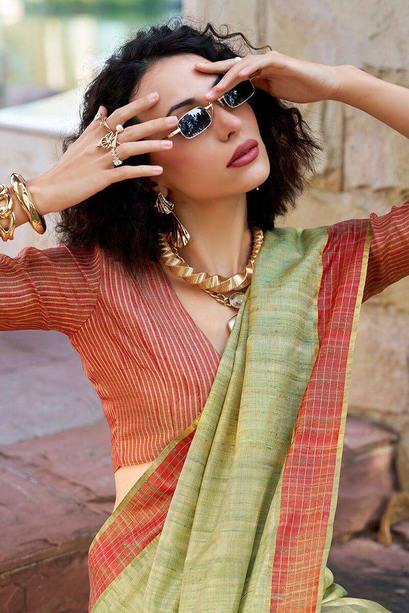Arresting Pista Cotton Silk Saree With Prominent Blouse Piece - Surats Fabric