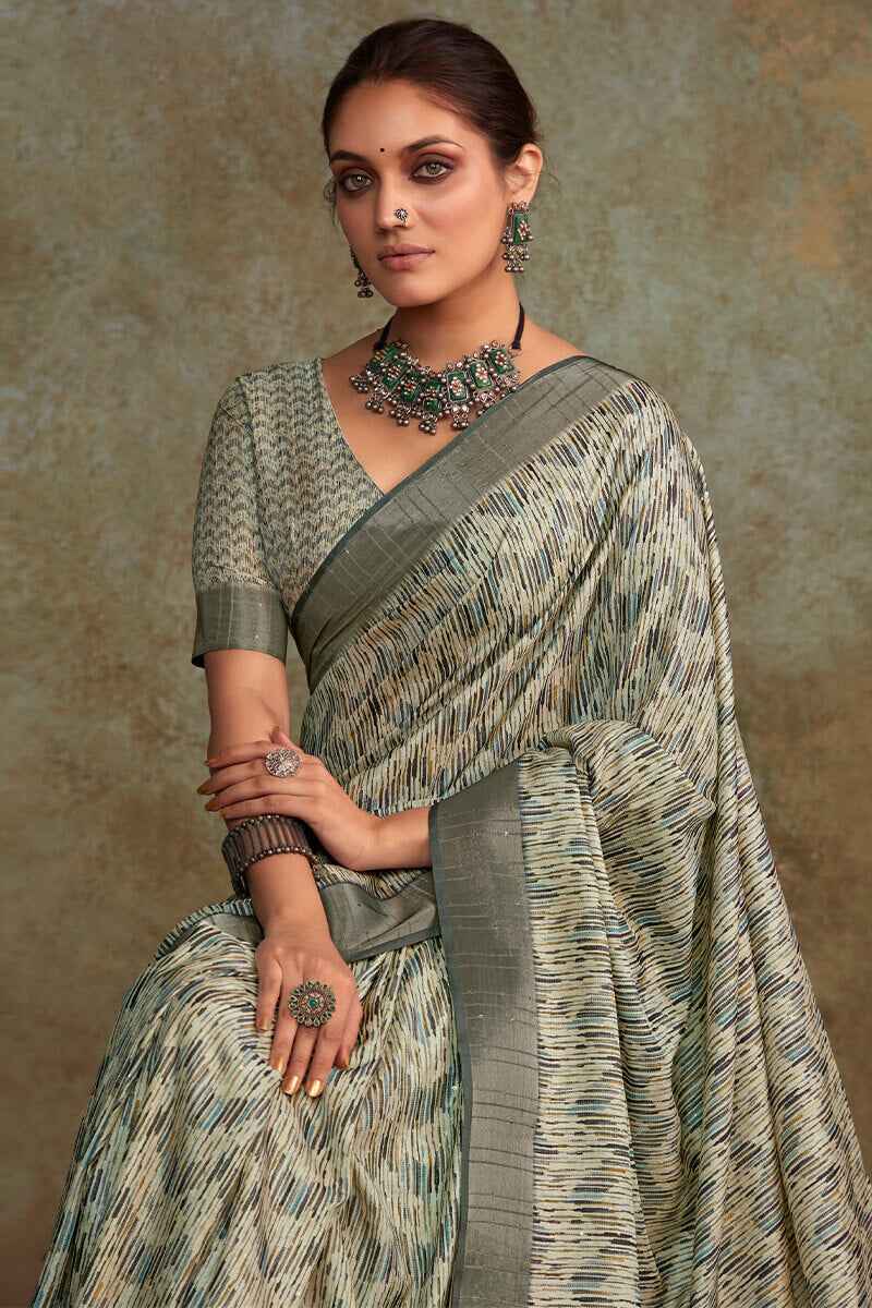 Aplomb Grey Digital Printed Soft Silk Saree With Opulent Blouse Piece