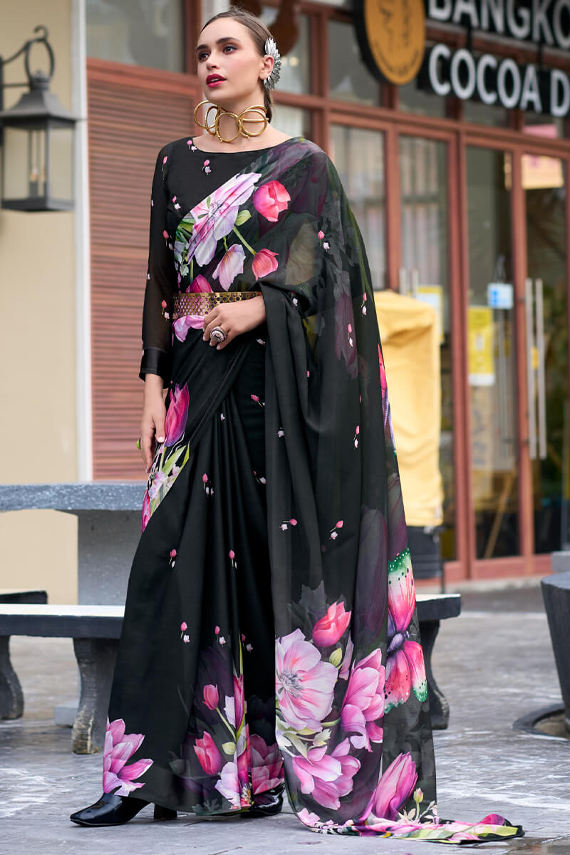 Bewitching Black Digital Printed Georgette Saree With Majestic Blouse Piece - Surats Fabric