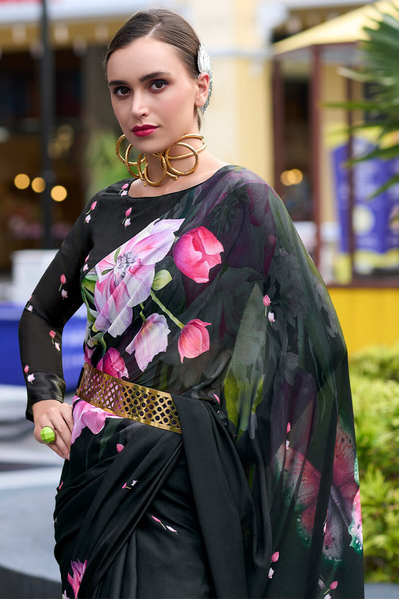 Bewitching Black Digital Printed Georgette Saree With Majestic Blouse Piece - Surats Fabric