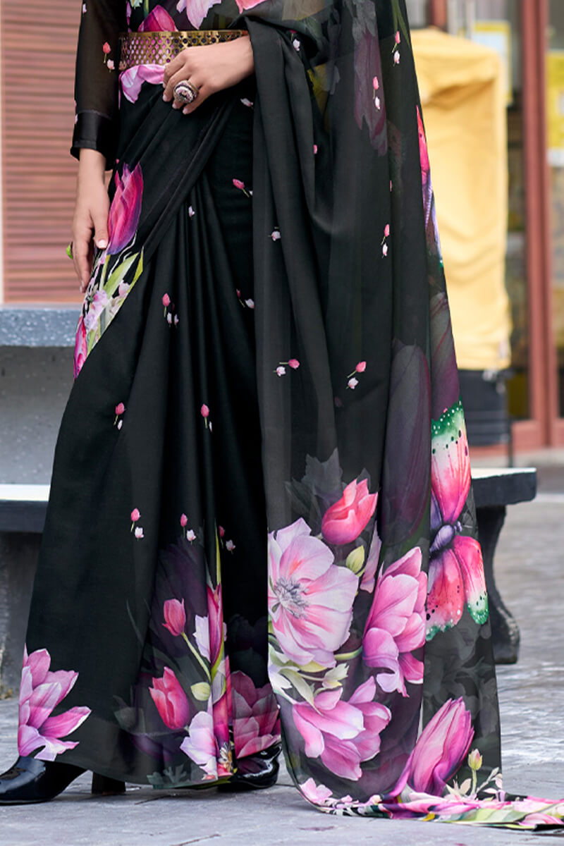 Bewitching Black Digital Printed Georgette Saree With Majestic Blouse Piece - Surats Fabric