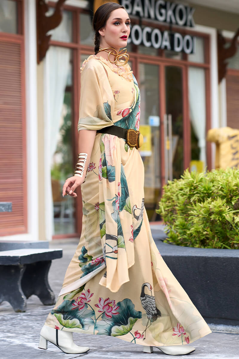 Captivating Beige Digital Printed Georgette Saree With Unique Blouse Piece - Surats Fabric