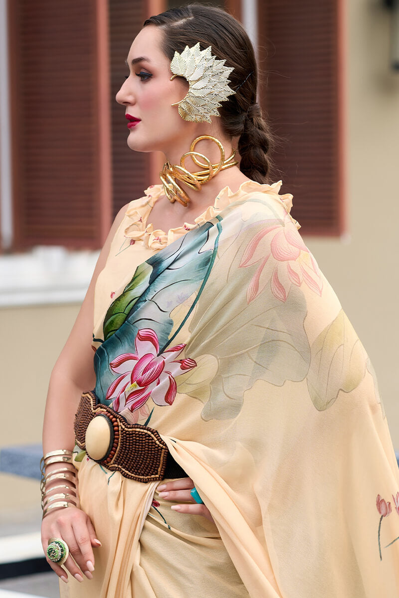Captivating Beige Digital Printed Georgette Saree With Unique Blouse Piece - Surats Fabric