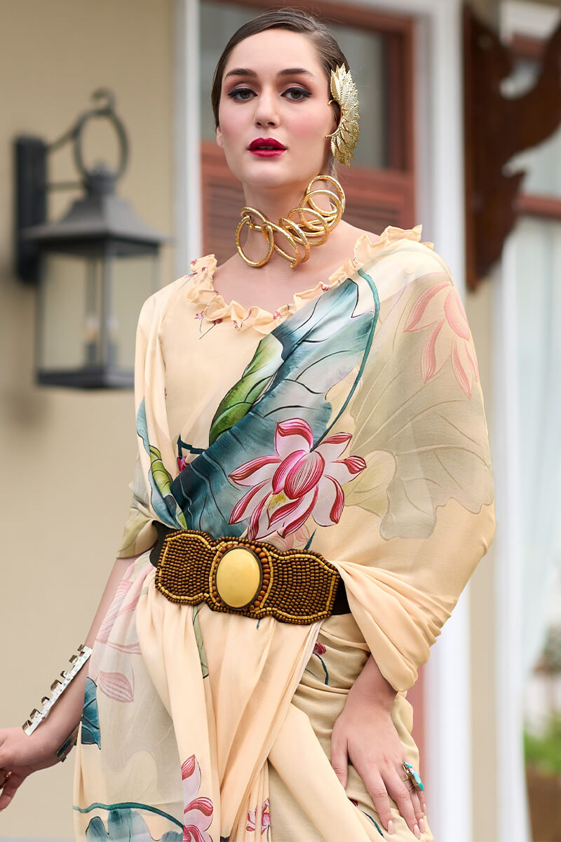 Captivating Beige Digital Printed Georgette Saree With Unique Blouse Piece - Surats Fabric