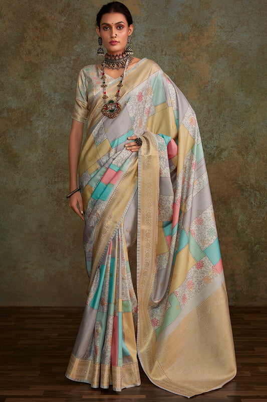 Beauteous Grey Digital Printed Soft Silk Saree With Ailurophile Blouse Piece - Surats Fabric