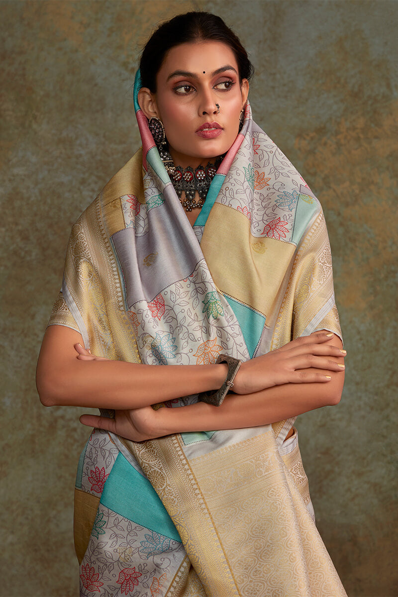Beauteous Grey Digital Printed Soft Silk Saree With Ailurophile Blouse Piece - Surats Fabric
