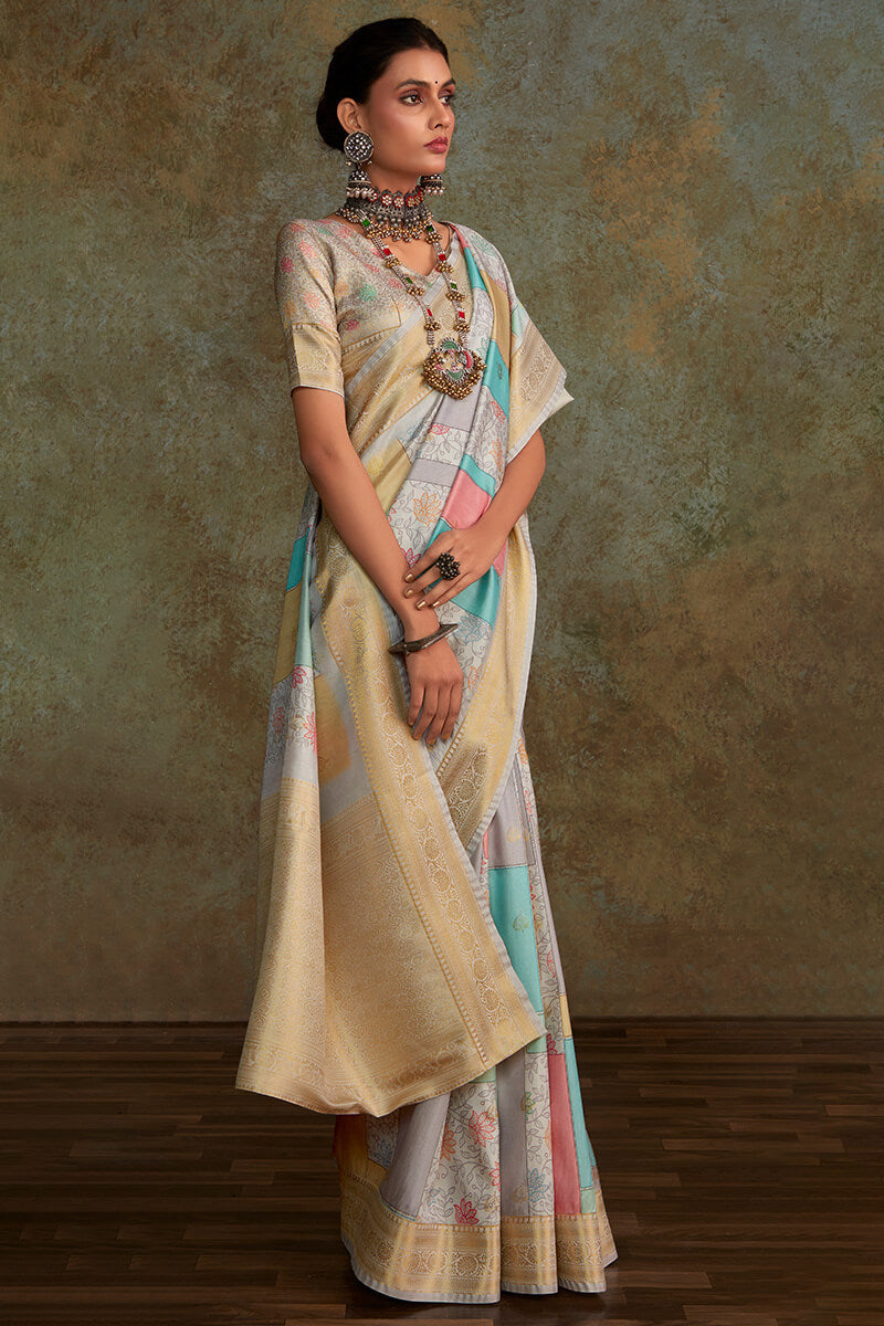 Beauteous Grey Digital Printed Soft Silk Saree With Ailurophile Blouse Piece - Surats Fabric