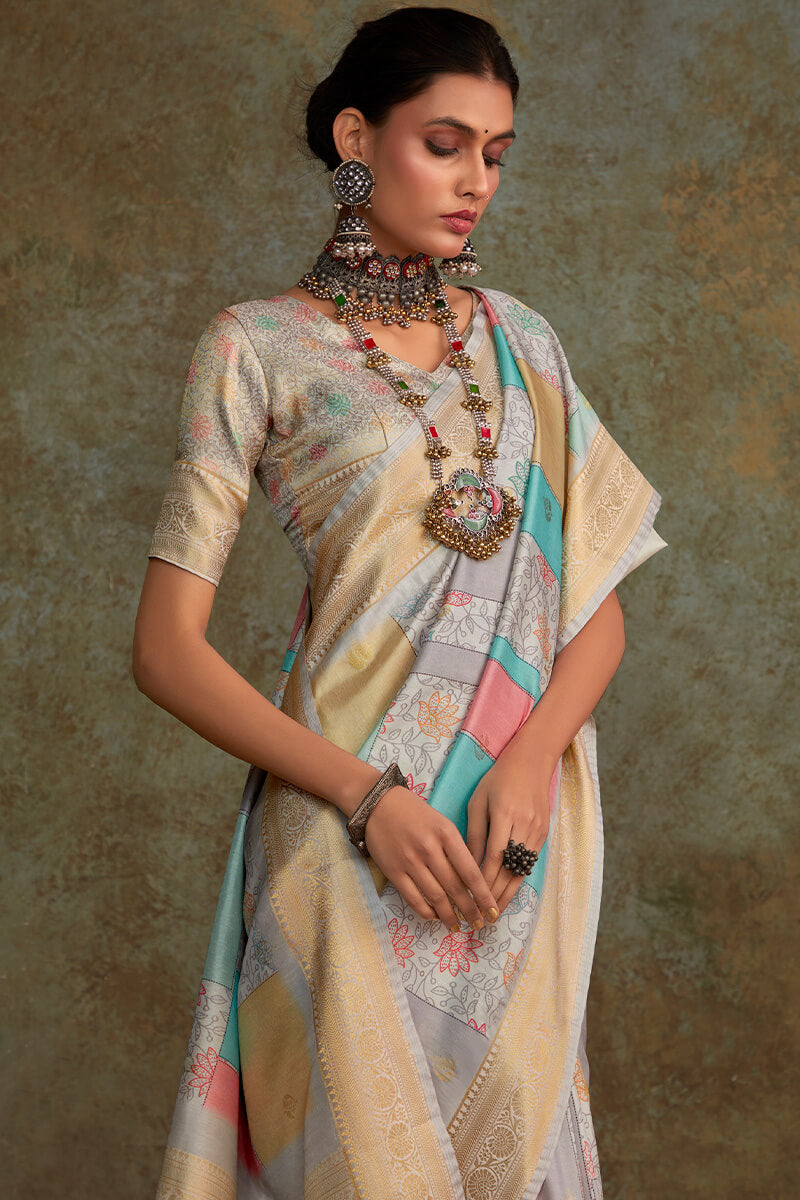 Beauteous Grey Digital Printed Soft Silk Saree With Ailurophile Blouse Piece - Surats Fabric