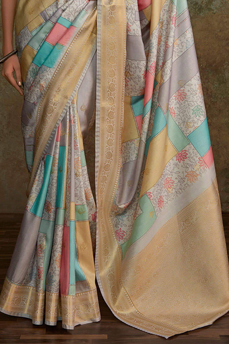 Beauteous Grey Digital Printed Soft Silk Saree With Ailurophile Blouse Piece - Surats Fabric