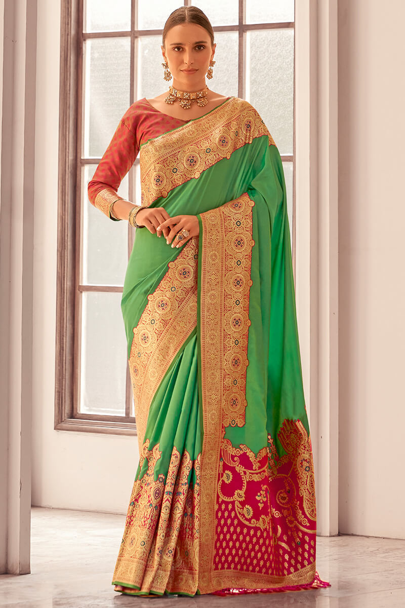 Capricious Sea Green Soft Banarasi Silk Saree With Invaluable Blouse Piece - Surats Fabric