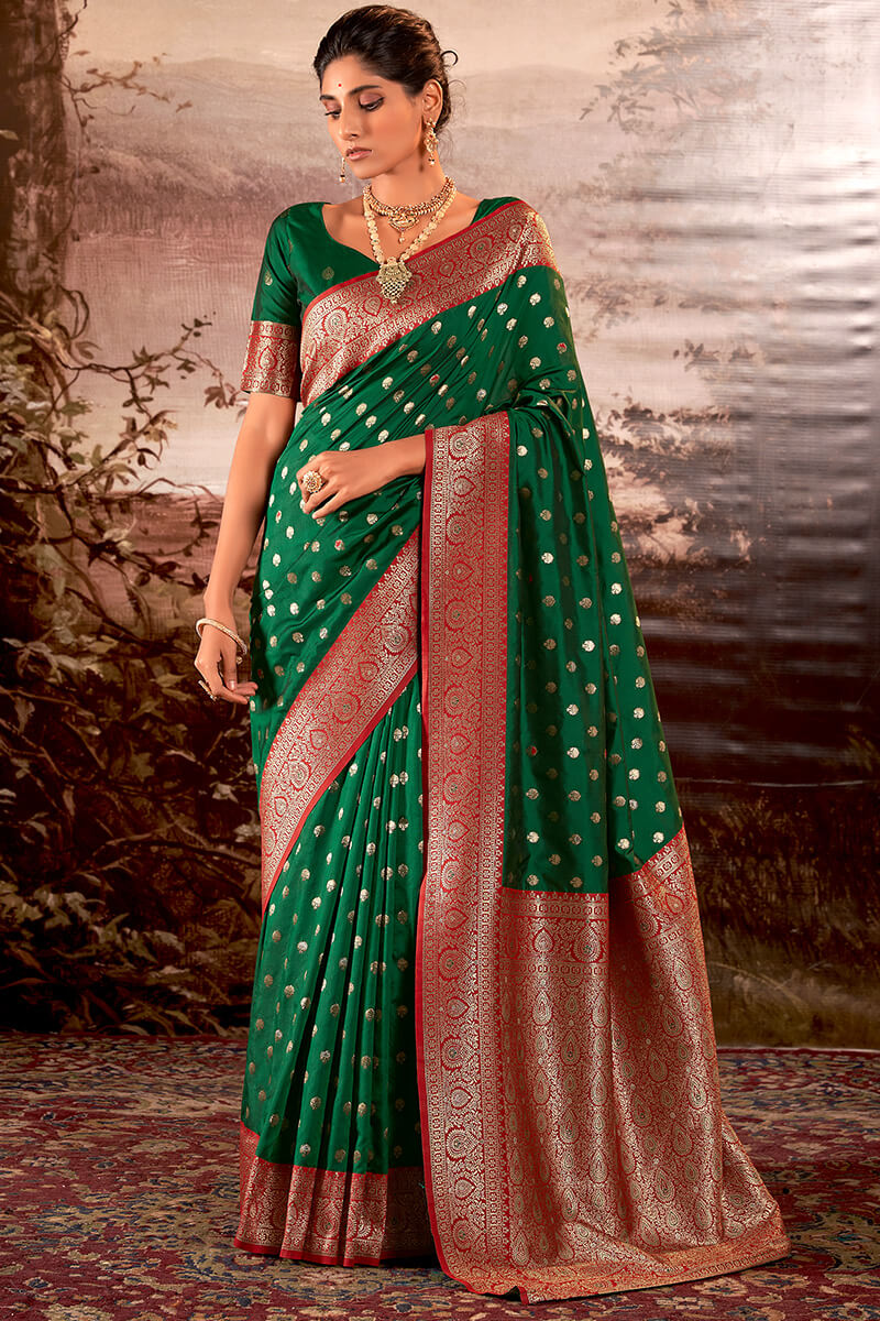 Blissful Dark Green Soft Banarasi Silk Saree With Inspiring Blouse Piece - Surats Fabric