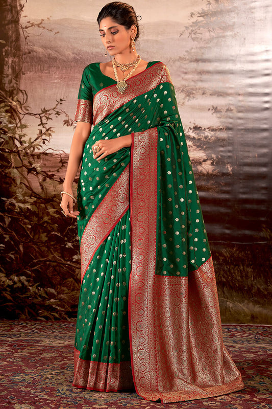 Blissful Dark Green Soft Banarasi Silk Saree With Inspiring Blouse Piece - Surats Fabric