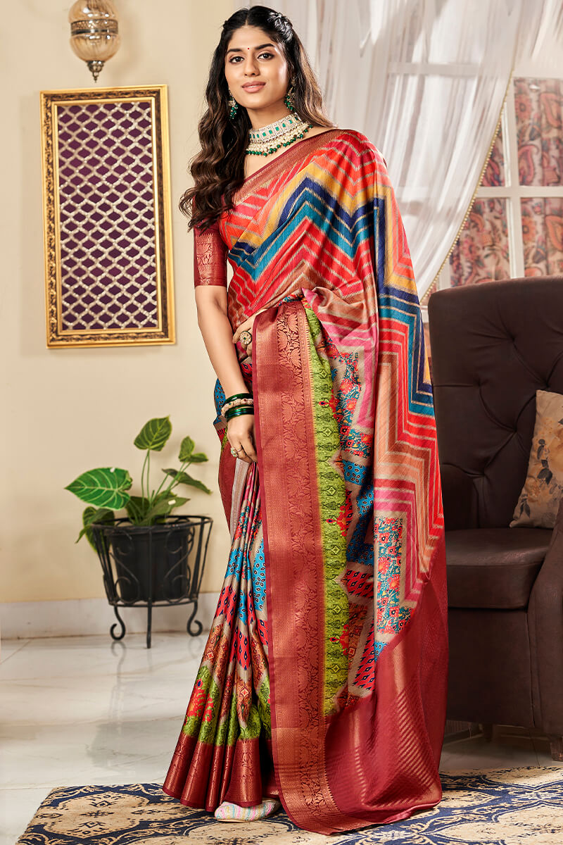 Attractive Multicolor Digital Printed Satin Silk Saree With Amazing Blouse Piece - Surats Fabric