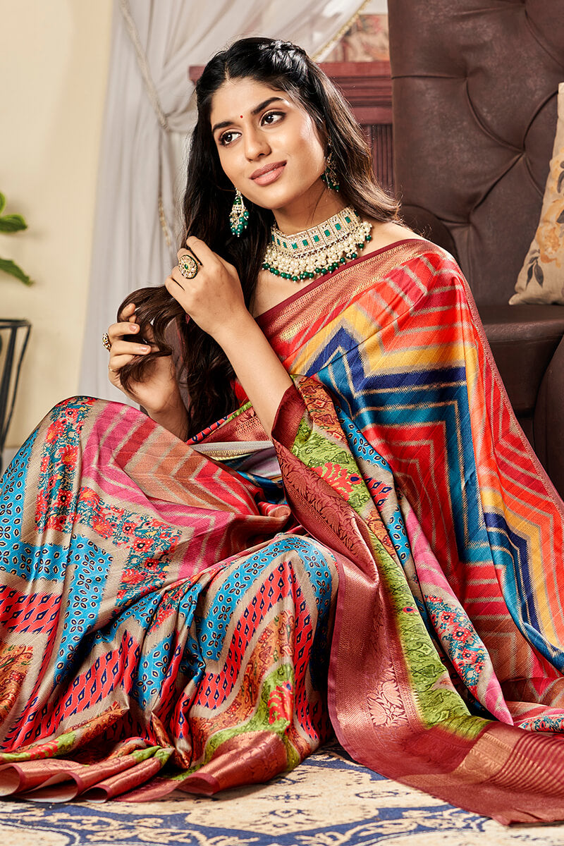 Attractive Multicolor Digital Printed Satin Silk Saree With Amazing Blouse Piece - Surats Fabric