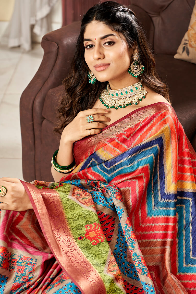 Attractive Multicolor Digital Printed Satin Silk Saree With Amazing Blouse Piece - Surats Fabric