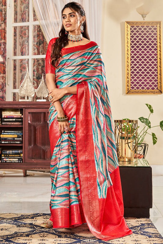 Blissful Grey Digital Printed Satin Silk Saree With Exquisite Blouse Piece - Surats Fabric