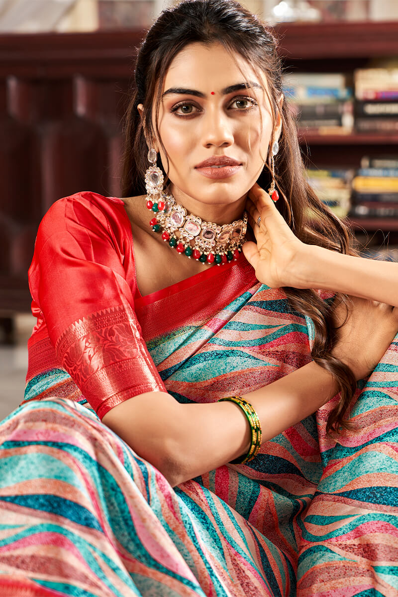 Blissful Grey Digital Printed Satin Silk Saree With Exquisite Blouse Piece - Surats Fabric