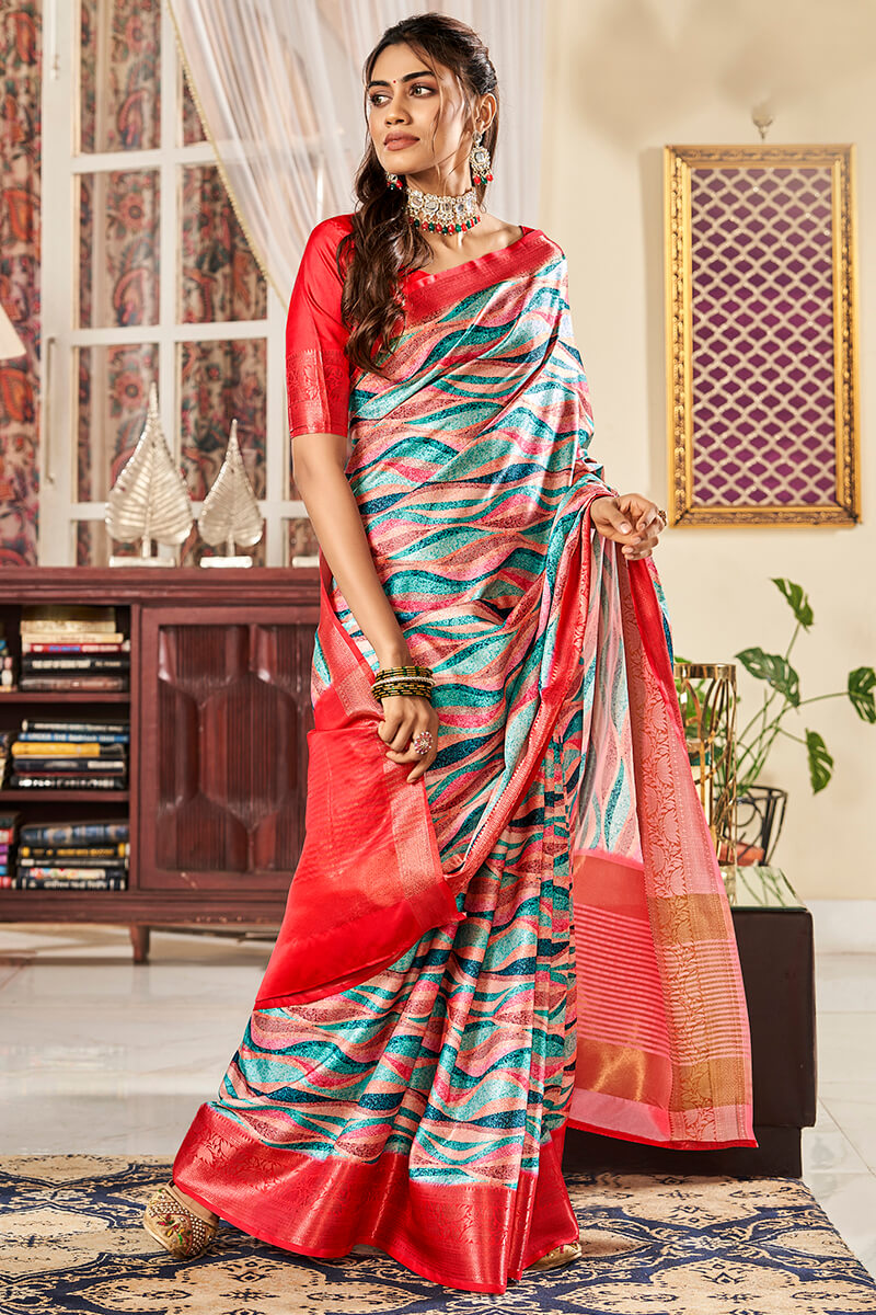 Blissful Grey Digital Printed Satin Silk Saree With Exquisite Blouse Piece - Surats Fabric