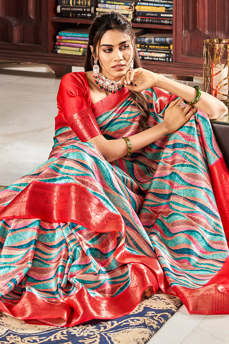 Blissful Grey Digital Printed Satin Silk Saree With Exquisite Blouse Piece - Surats Fabric